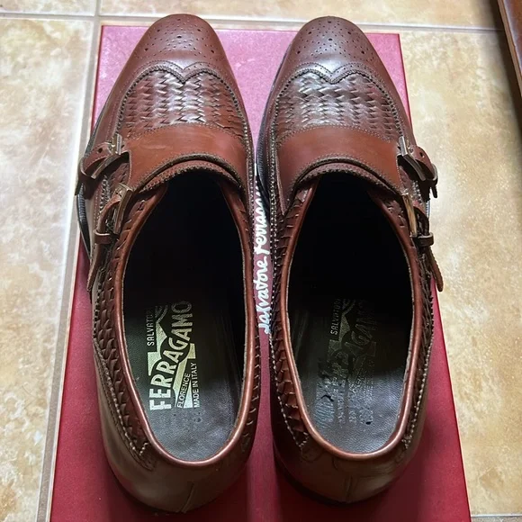 Salvatore Ferragamo Brown Woven Leather Double Monk Strap, Re-Soled, Size 10 - Picture 6 of 9